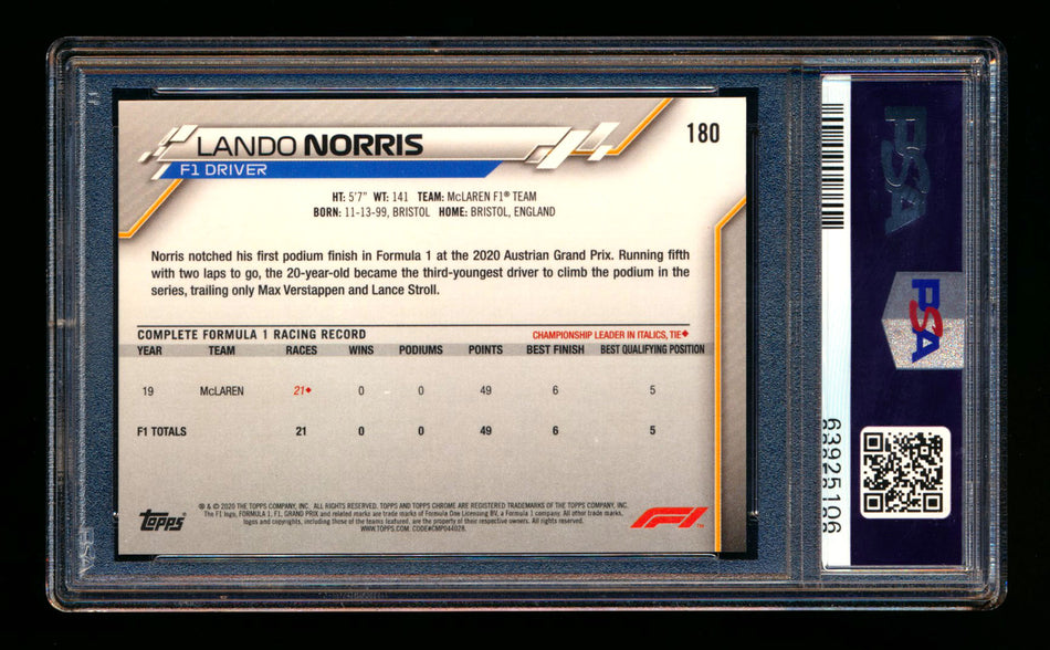 2020 Topps Chrome F1 #180 Lando Norris RC 70th Anniversary Red Refractor PSA 9 ** (SOLD eBay - $1,000.00 - 7/29/2025) **
