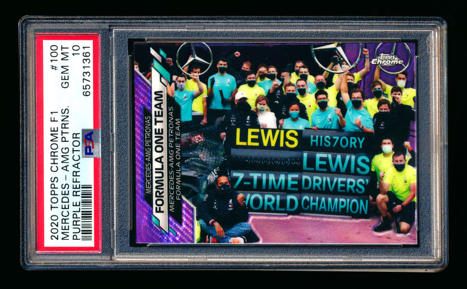 2020 Topps Chrome F1 #100 Mercedes-AMG Petronas/Lewis Hamilton RC Purple Refractor #217/399 PSA 10