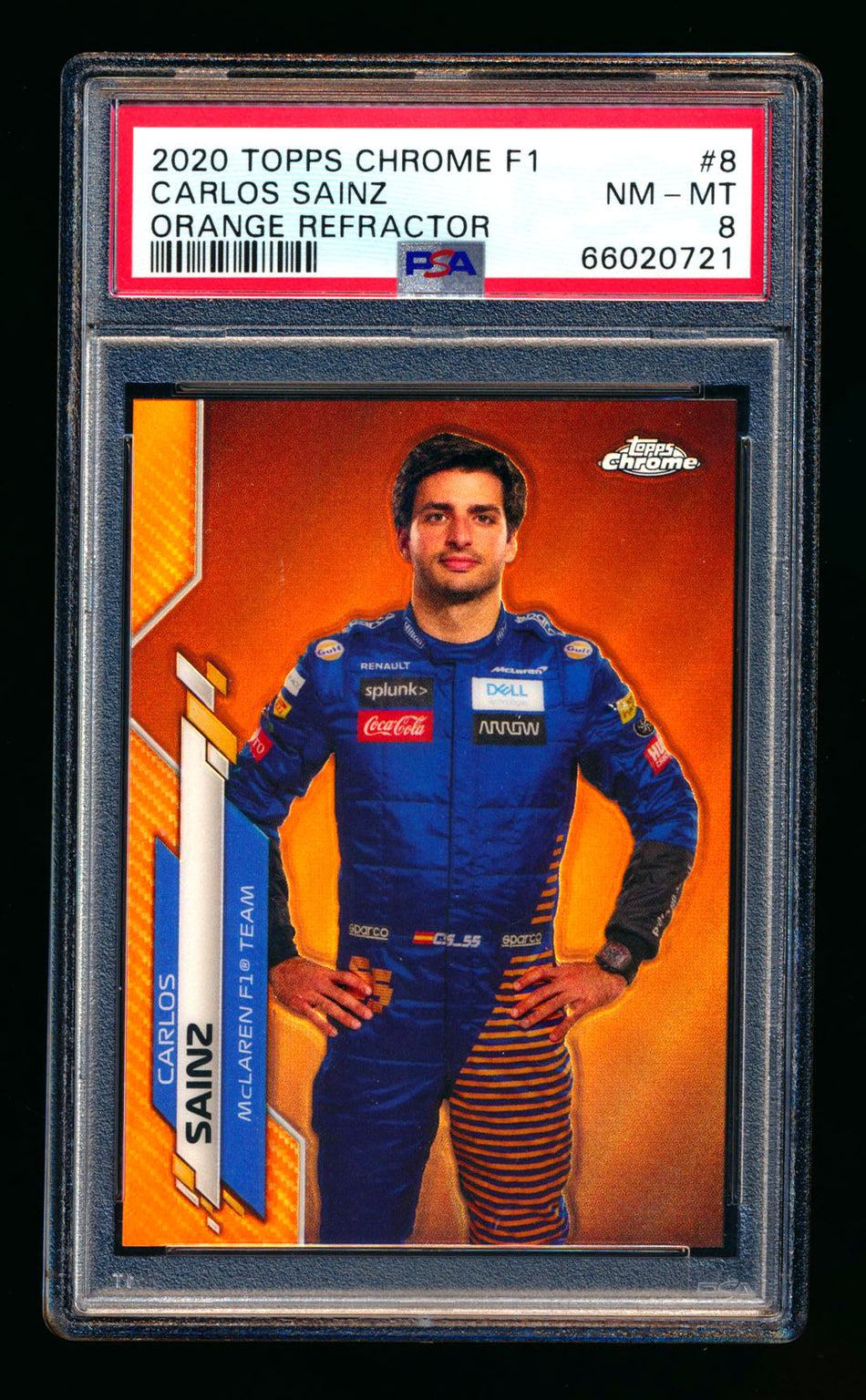 2020 Topps Chrome F1 #8 Carlos Sainz RC Orange Refractor Portrait #23/25 PSA 8