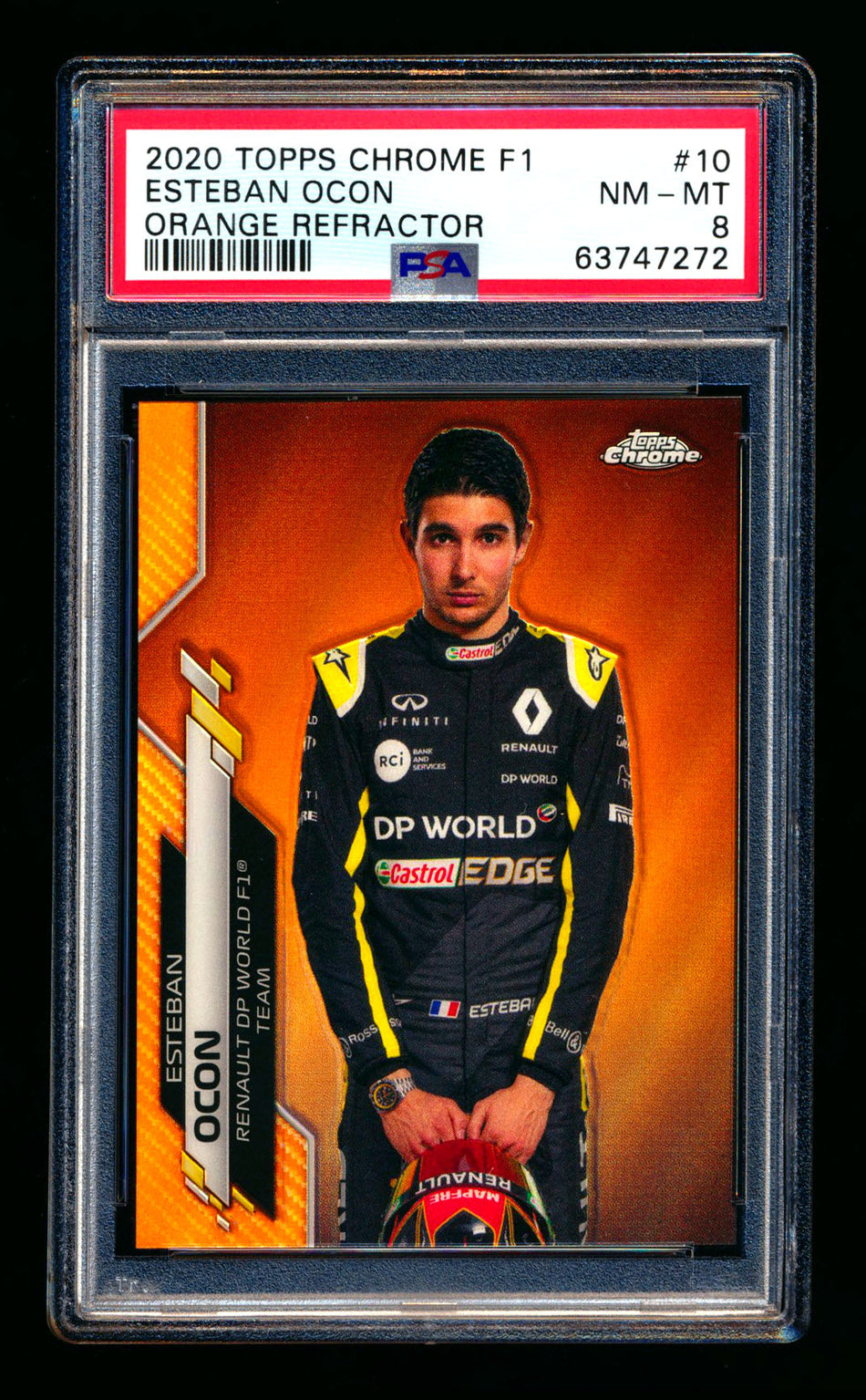 2020 Topps Chrome F1 #10 Esteban Ocon RC Orange Refractor Portrait #12/25 PSA 8 ** (SOLD eBay - $149.00 - 7/28/2025) **