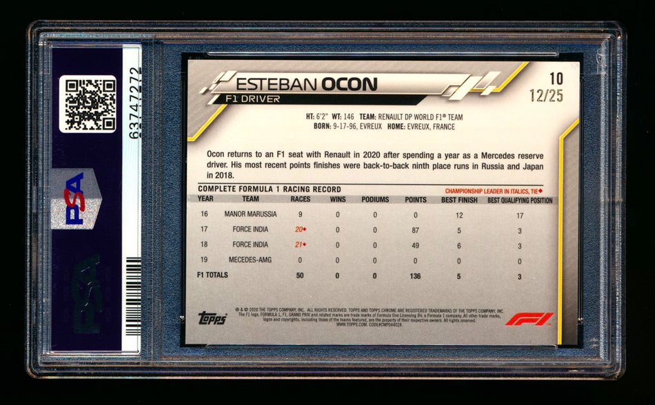 2020 Topps Chrome F1 #10 Esteban Ocon RC Orange Refractor Portrait #12/25 PSA 8 ** (SOLD eBay - $149.00 - 7/28/2025) **