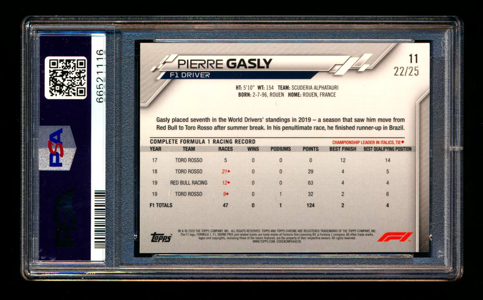 2020 Topps Chrome F1 #11 Pierre Gasly RC Orange Refractor Portrait #22/25 PSA 8 ** (SOLD - $279.00 - 6/20/2025) **
