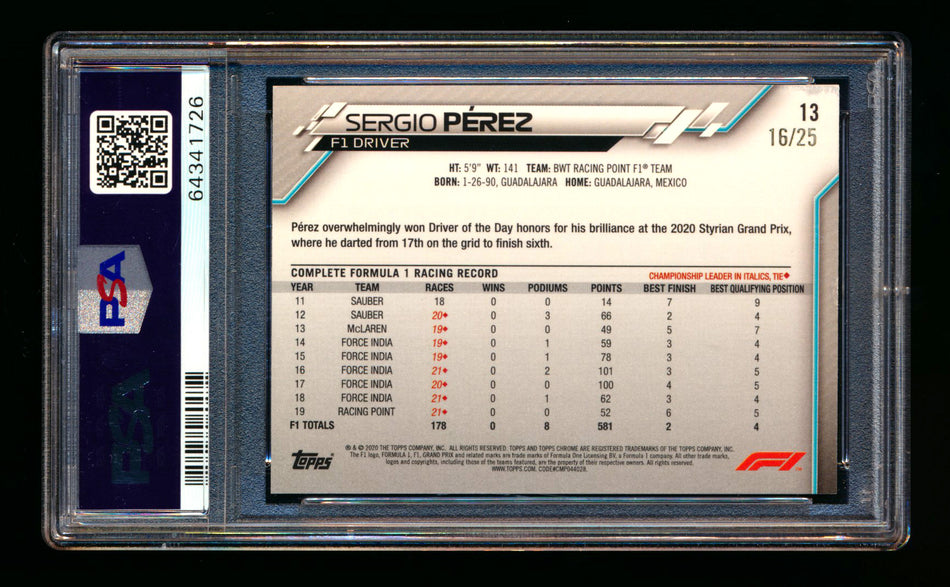 2020 Topps Chrome F1 #13 Sergio Perez RC Orange Refractor Portrait #16/25 PSA 9 ** (SOLD Nationals - $625.00 - 8/1/2025) **
