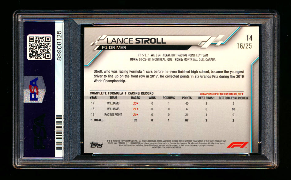 2020 Topps Chrome F1 #14 Lance Stroll RC Orange Refractor Portrait #16/25 PSA 8