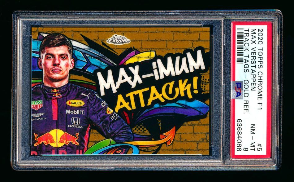2020 Topps Chrome F1 Track Tags #TT-5 Max "MAX-imum Attack!" Verstappen RC Gold Refractor #31/50 PSA 8
