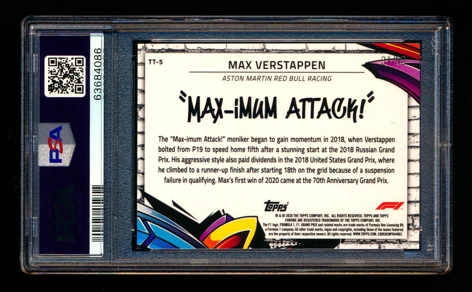 2020 Topps Chrome F1 Track Tags #TT-5 Max "MAX-imum Attack!" Verstappen RC Gold Refractor #31/50 PSA 8