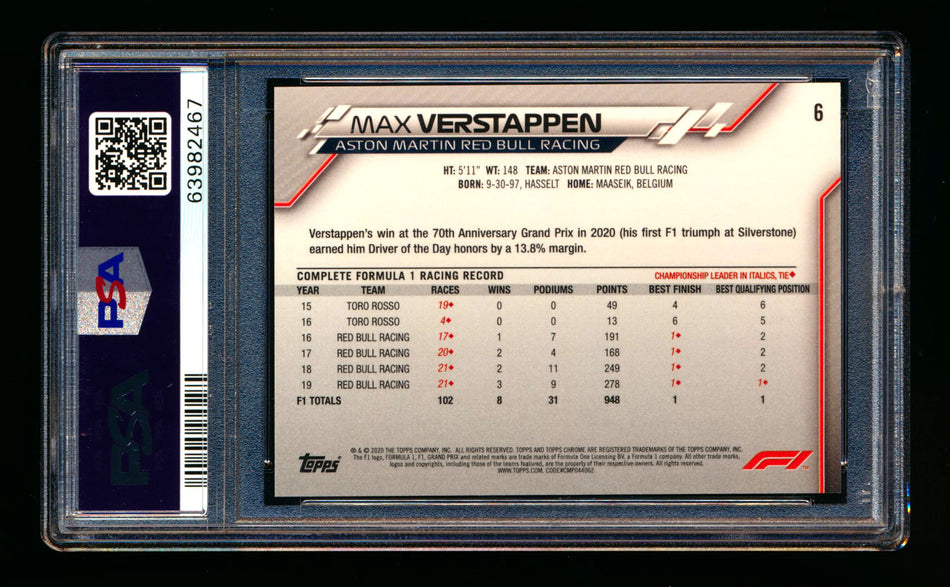 2020 Topps Chrome F1 #6 Max Verstappen RC Refractor Image Variation SP PSA 9