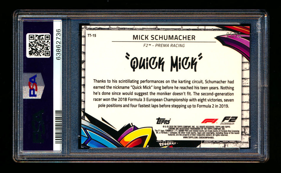 2020 Topps Chrome F1 Track Tags #TT-15 Mick "Quick Mick" Schumacher RC Orange Refractor #25/25 PSA 9 (Last #!) ** (SOLD - $1295.00 - 6/23/2025) **