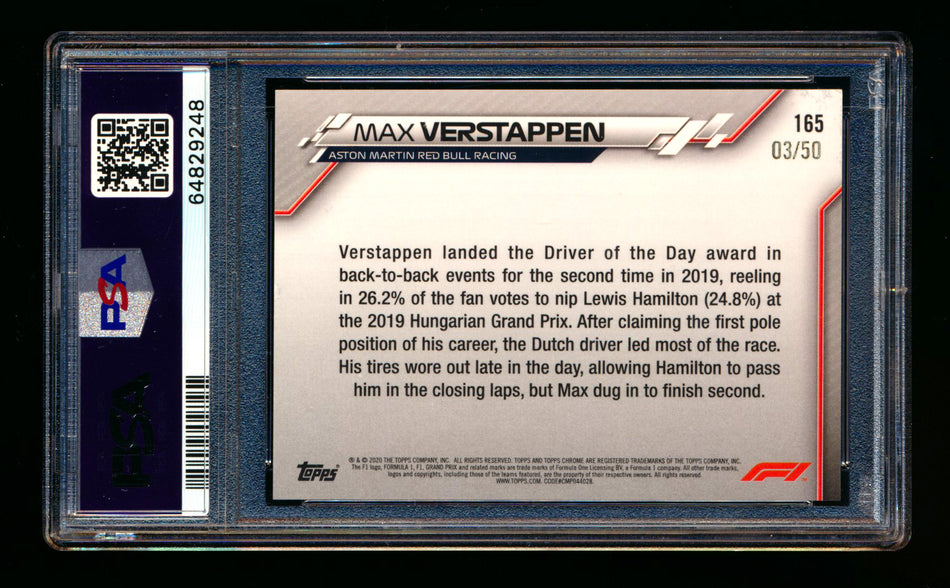 2020 Topps Chrome F1 #165 Max Verstappen RC Gold Refractor #03/50 PSA 8 ** (SOLD - $149.00 - 7/2/2025) **