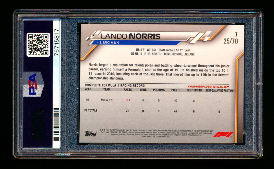 2020 Topps Chrome Sapphire F1 #7 Lando Norris RC 70th Silver Refractor Portrait #25/70 PSA 10