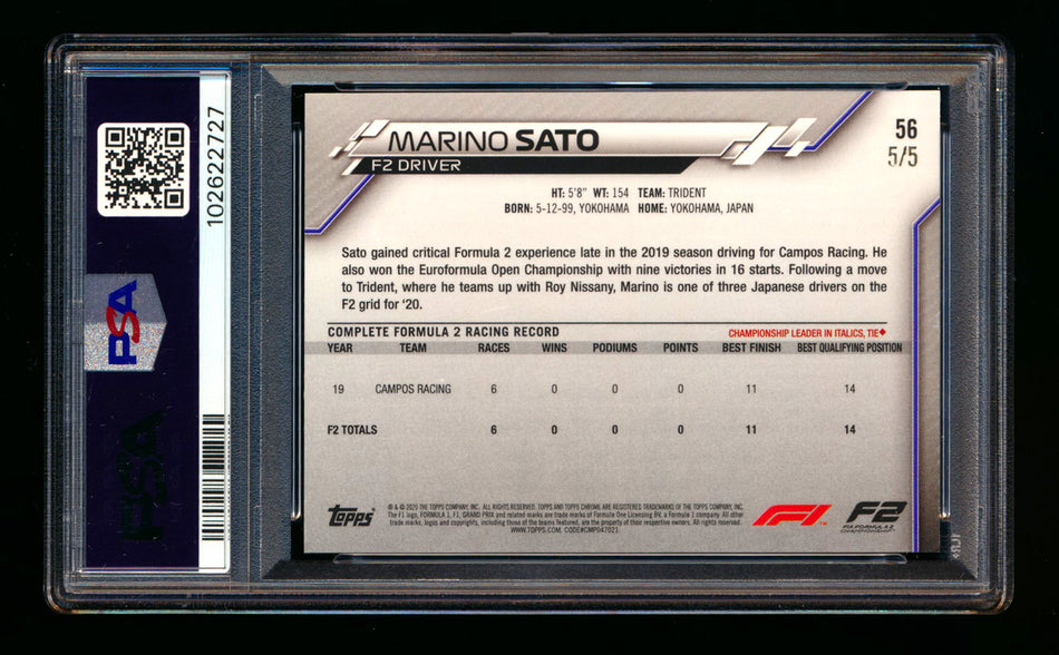2020 Topps Chrome Sapphire F1 #56 Marino Sato RC Red Refractor #5/5 PSA 6 (Last #!)