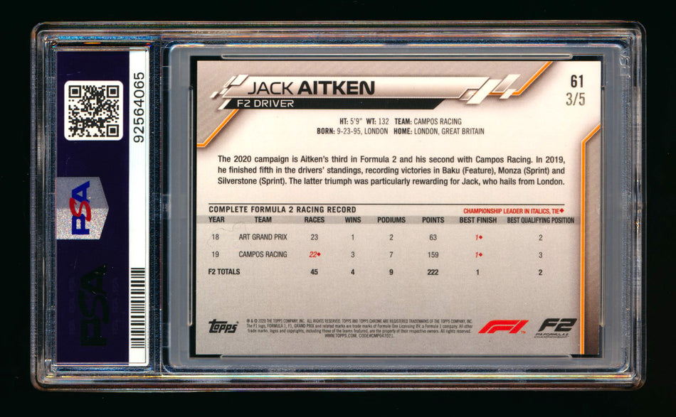 2020 Topps Chrome Sapphire F1 #61 Jack Aitken RC Red Refractor #3/5 PSA 8
