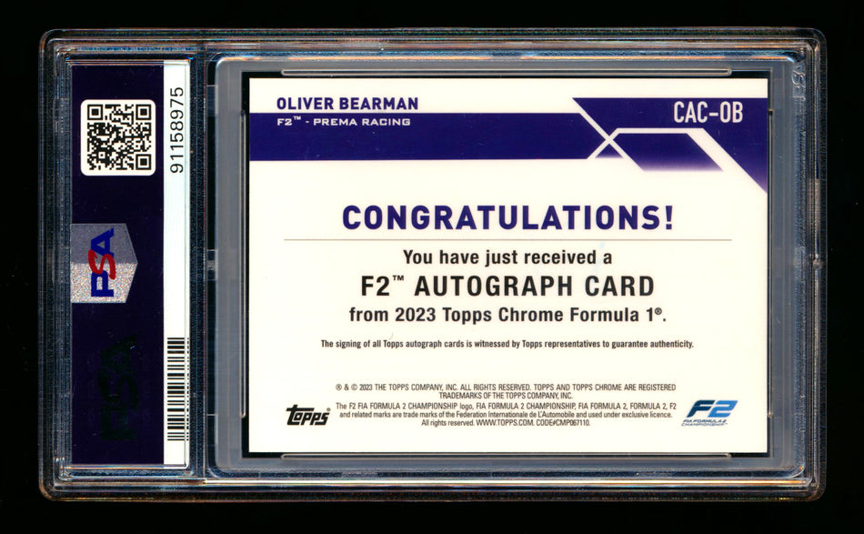 2023 Topps Chrome F1 #CAC-OB Oliver Bearman RC Gold Refractor Autograph #29/50 PSA 8 ** (SOLD eBay - $349.00 - 7/4/2025) **
