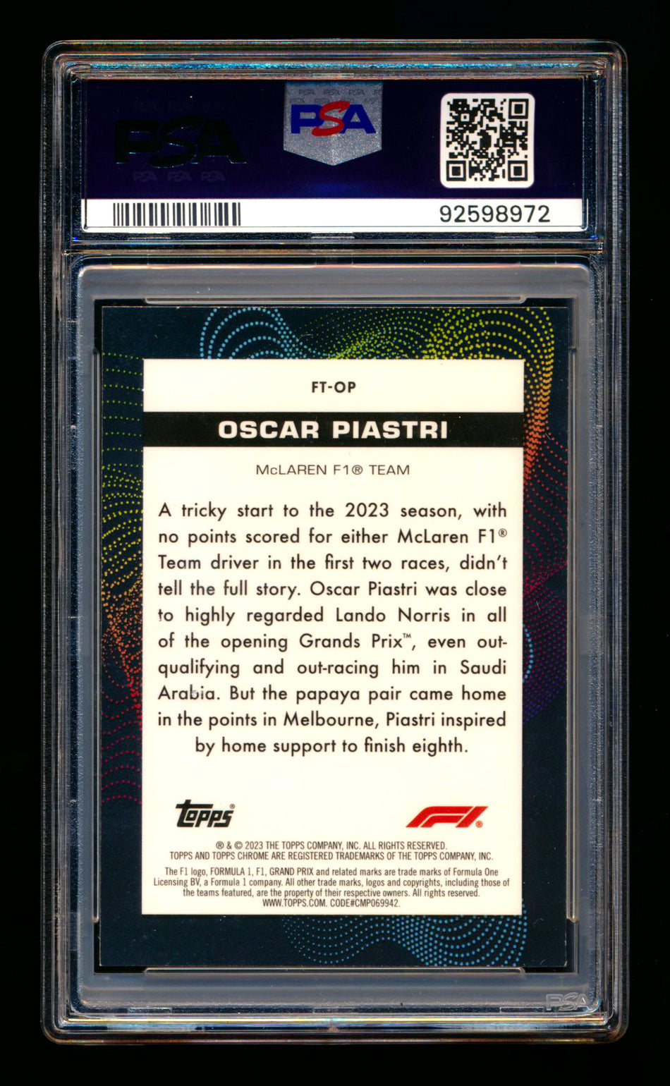 2023 Topps Chrome F1 Futuro #FT-OP Oscar Piastri RC Refractor PSA 10 ** (SOLD eBay - $595.00 - 7/18/2025) **