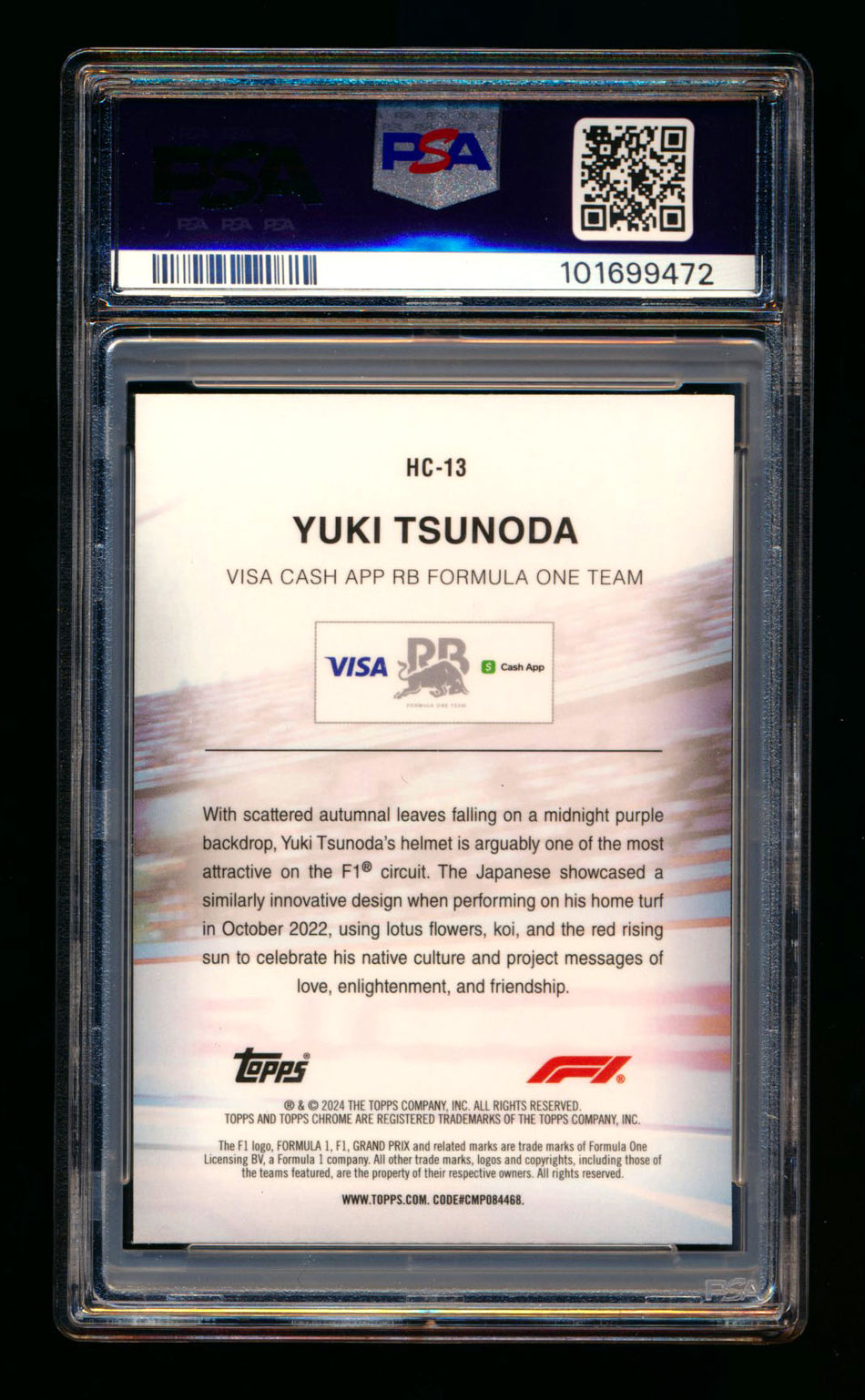 2024 Topps Chrome F1 Helmet Collection #HC-13 Yuki Tsunoda Green Refractor #41/99 PSA 10 - POP 1! ** (SOLD eBay - $140.00 - 6/30/2025) **