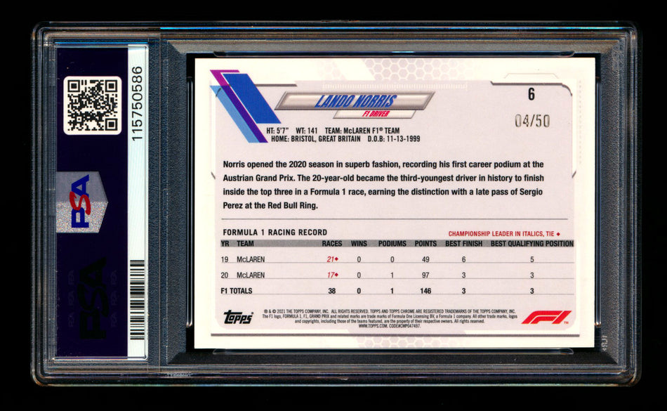 2021 Topps Chrome F1 #6 Lando Norris Gold Refractor Portrait #04/50 PSA 9 (Car Number #4!)
