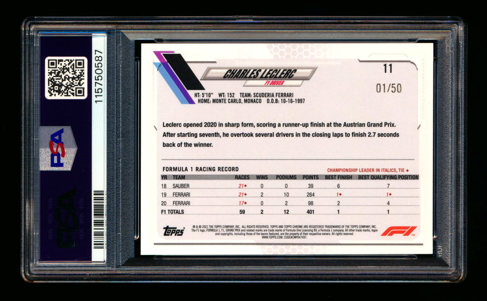 2021 Topps Chrome F1 #11 Charles Leclerc Gold Refractor Portrait #01/50 PSA 10 (First #!)
