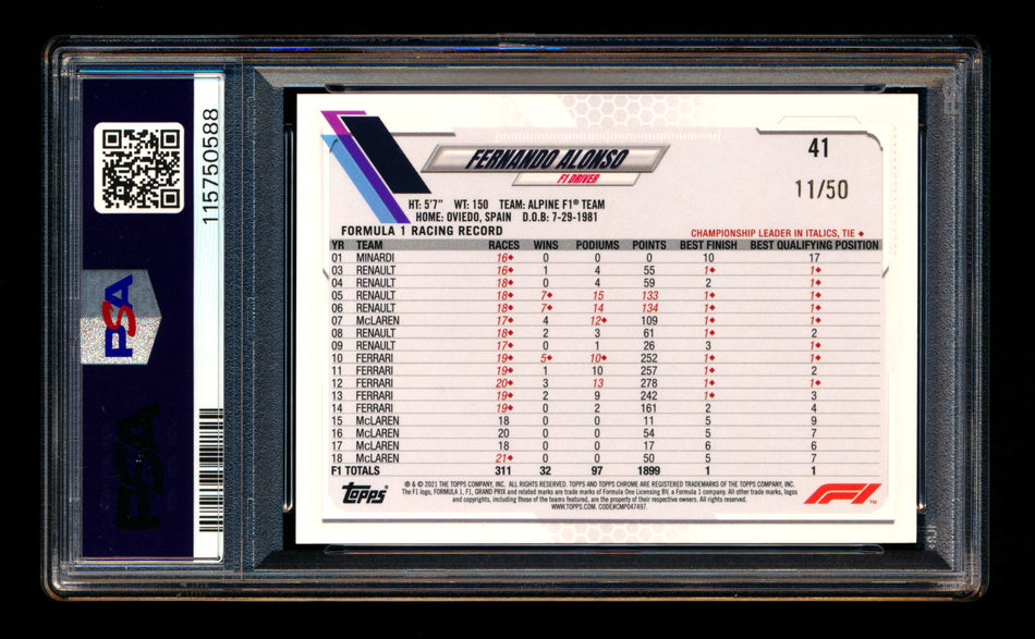 2021 Topps Chrome F1 #41 Fernando Alonso RC Gold Refractor #11/50 PSA 10