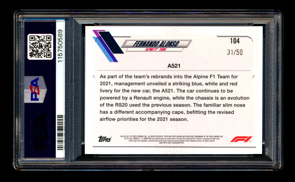 2021 Topps Chrome F1 #104 Fernando Alonso RC Gold Refractor #31/50 PSA 10 - POP 1!