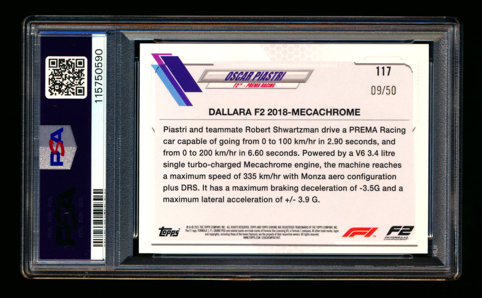 2021 Topps Chrome F1 #117 Oscar Piastri RC Gold Refractor #09/50 PSA 10