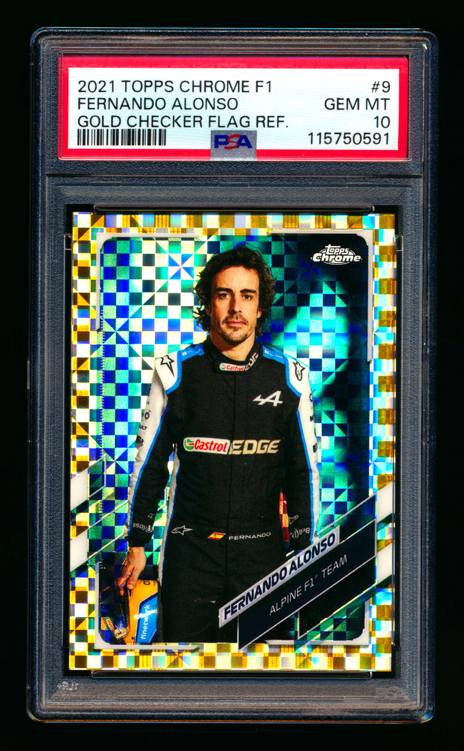 2021 Topps Chrome F1 #9 Fernando Alonso RC Gold Checker Flag Refractor Portrait #38/50 PSA 10