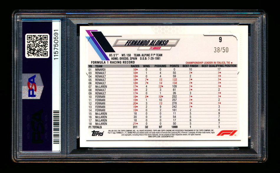 2021 Topps Chrome F1 #9 Fernando Alonso RC Gold Checker Flag Refractor Portrait #38/50 PSA 10
