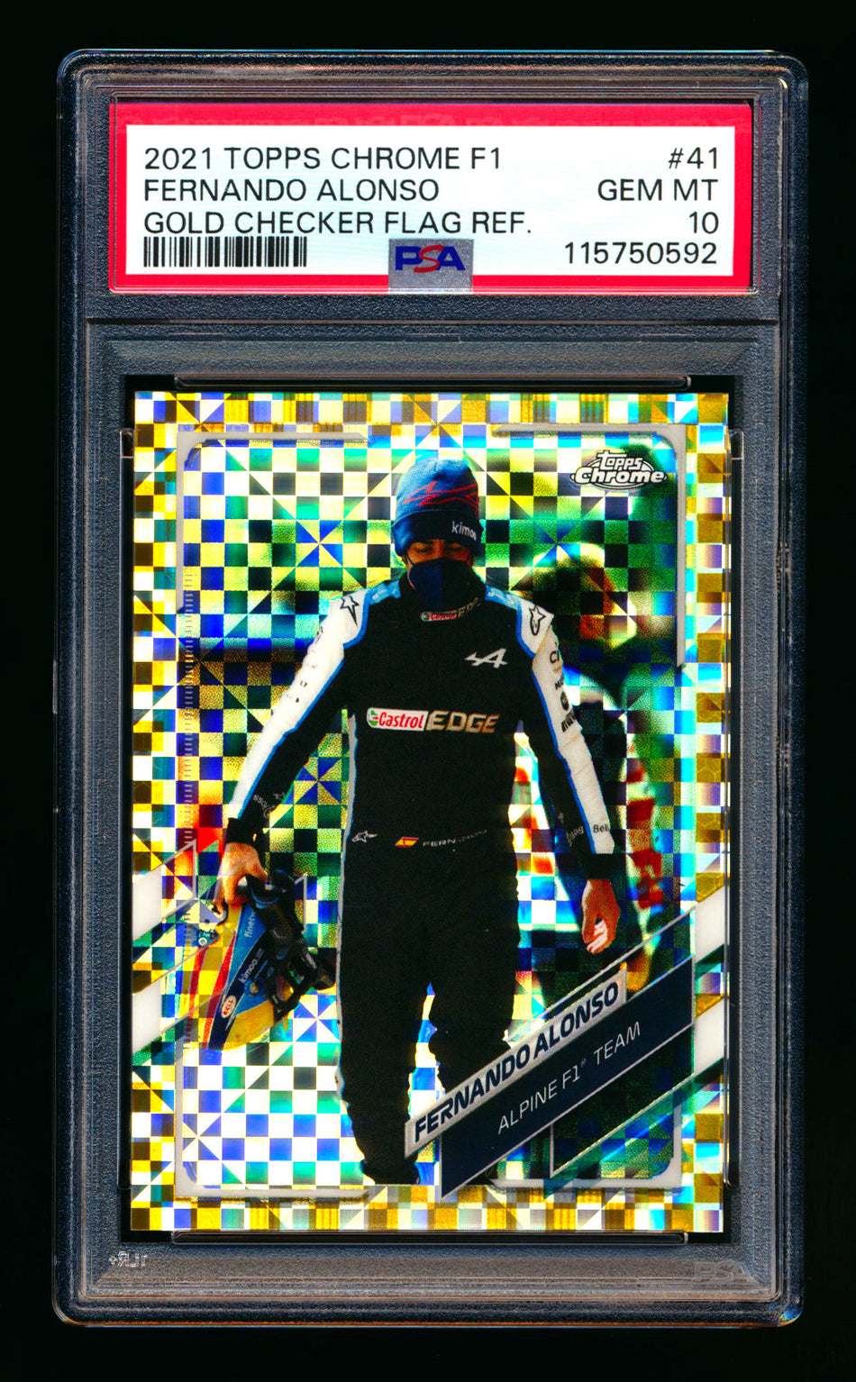 2021 Topps Chrome F1 #41 Fernando Alonso RC Gold Checker Flag Refractor #47/50 PSA 10