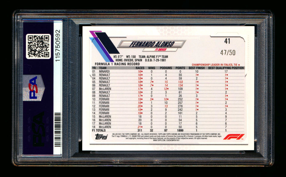 2021 Topps Chrome F1 #41 Fernando Alonso RC Gold Checker Flag Refractor #47/50 PSA 10