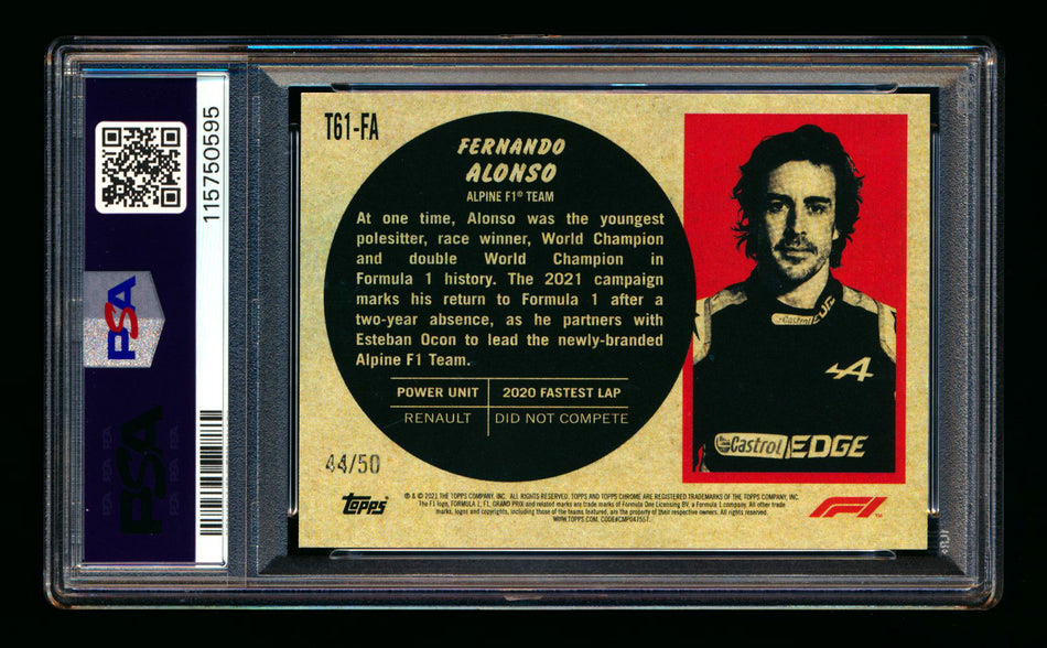 2021 Topps Chrome F1 1961 Sports Cars #T61-FA Fernando Alonso RC Gold Wave Refractor #44/50 PSA 10