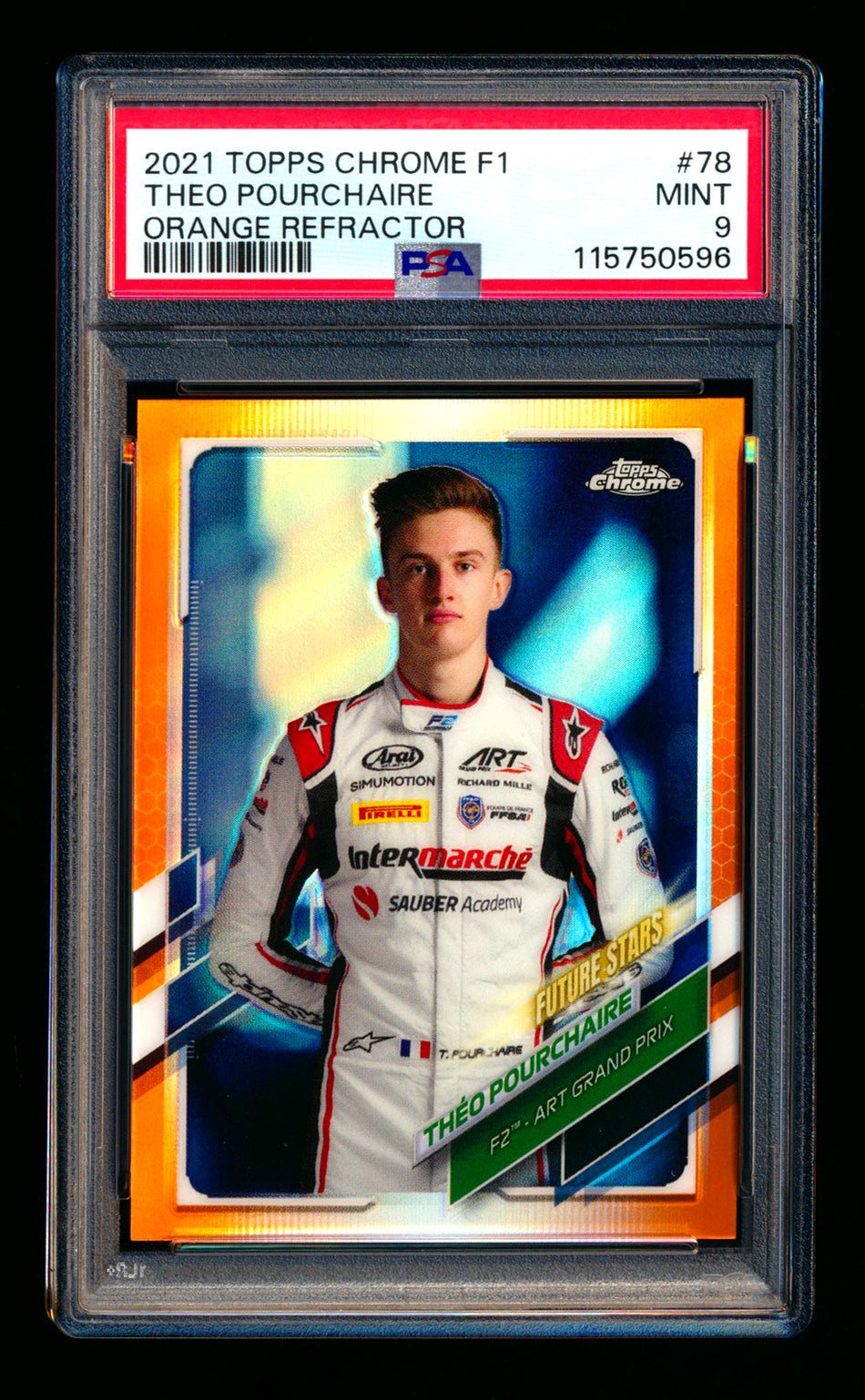 2021 Topps Chrome F1 #78 Theo Pourchaire RC Orange Refractor Portrait #12/25 PSA 9