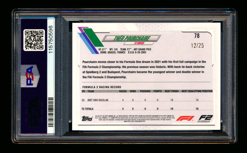 2021 Topps Chrome F1 #78 Theo Pourchaire RC Orange Refractor Portrait #12/25 PSA 9