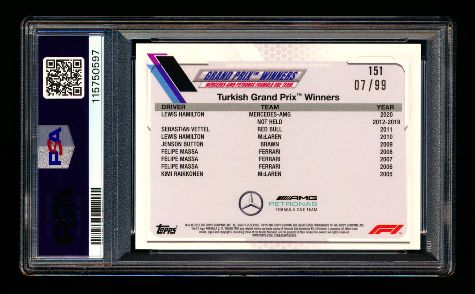 2021 Topps Chrome Sapphire F1 #151 Lewis Hamilton Aqua Refractor #07/99 PSA 10