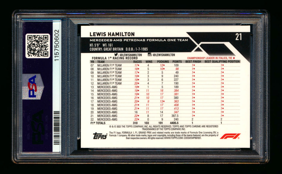 2023 Topps Chrome F1 #21 Lewis Hamilton Gold Refractor Portrait #13/50 PSA 10 ** (SOLD - $250.00 - 8/11/2025) **