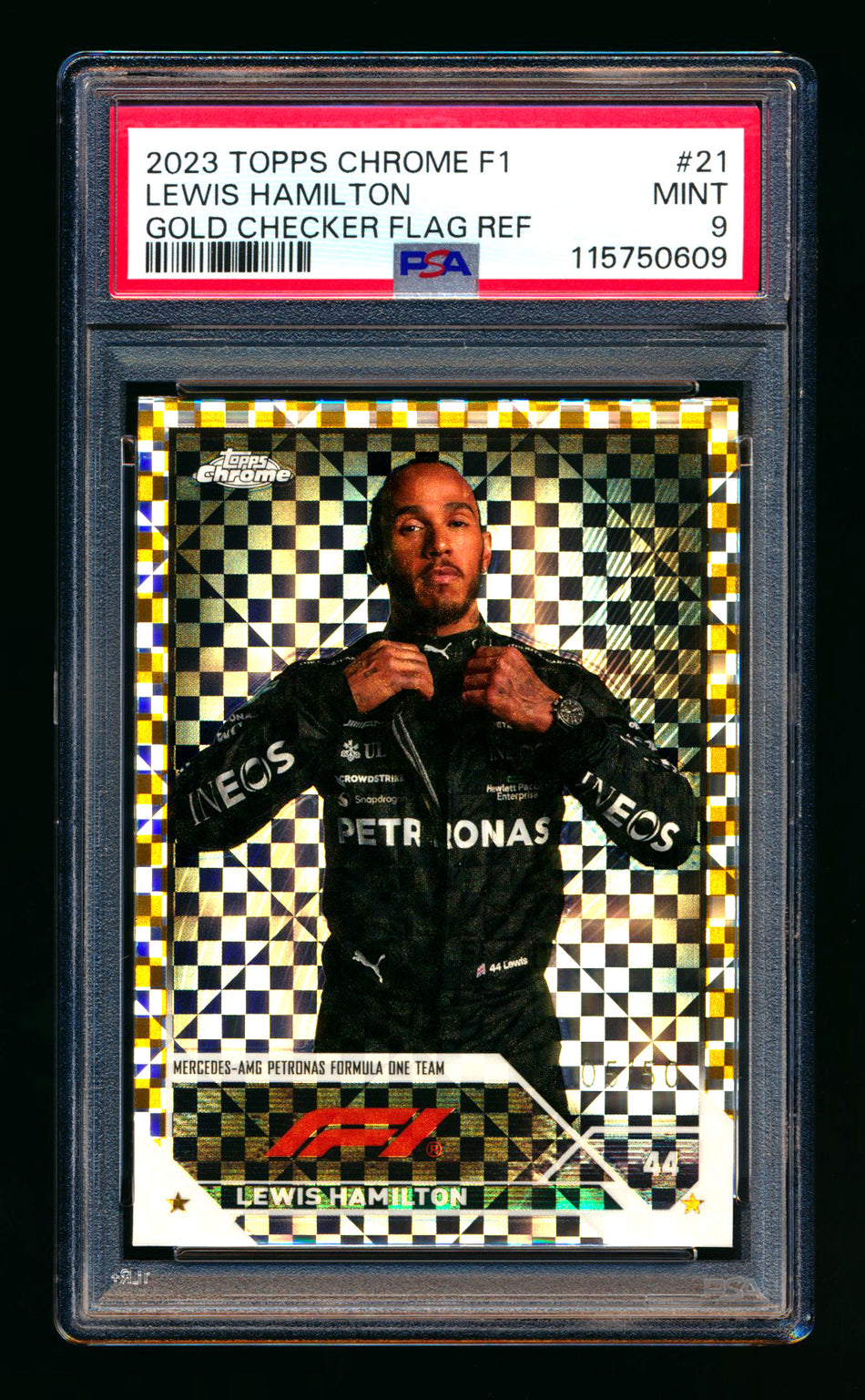 2023 Topps Chrome F1 #21 Lewis Hamilton Gold Checker Flag Refractor Portrait #05/50 PSA 9 ** (SOLD Nationals - $65.00 - 8/1/2025) **