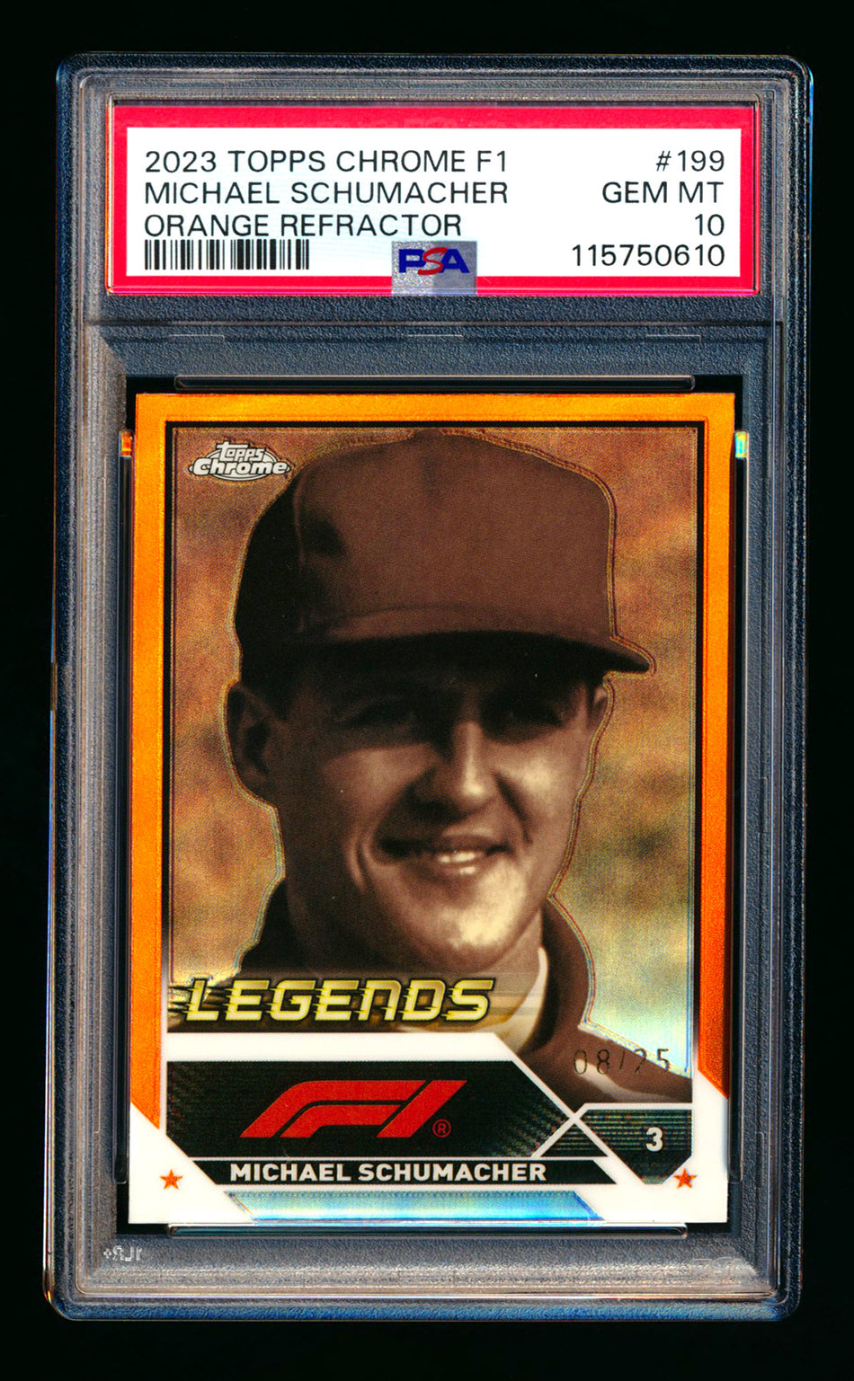 2023 Topps Chrome F1 #199 Michael Schumacher 1ST Year Orange Refractor #08/25 PSA 10