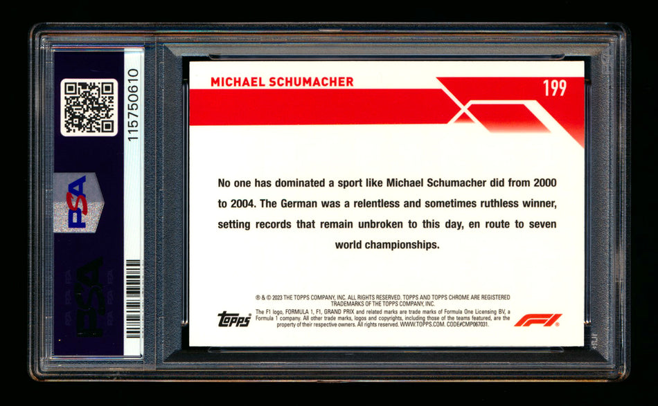 2023 Topps Chrome F1 #199 Michael Schumacher 1ST Year Orange Refractor #08/25 PSA 10