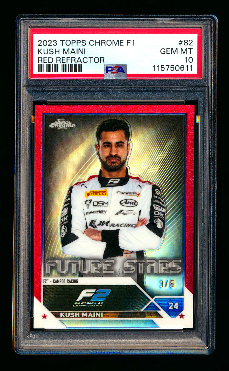 2023 Topps Chrome F1 #82 Kush Maini RC Red Refractor #3/5 PSA 10