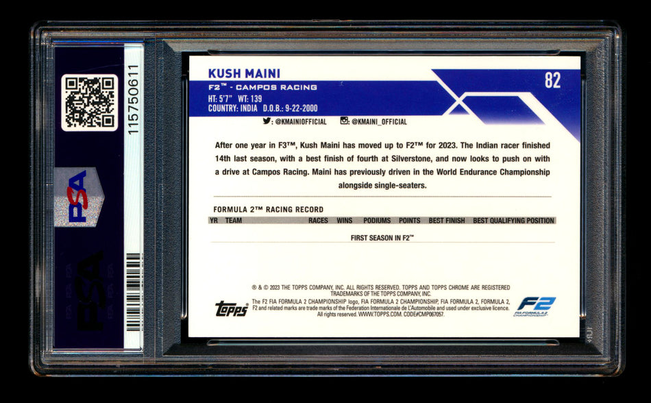 2023 Topps Chrome F1 #82 Kush Maini RC Red Refractor #3/5 PSA 10