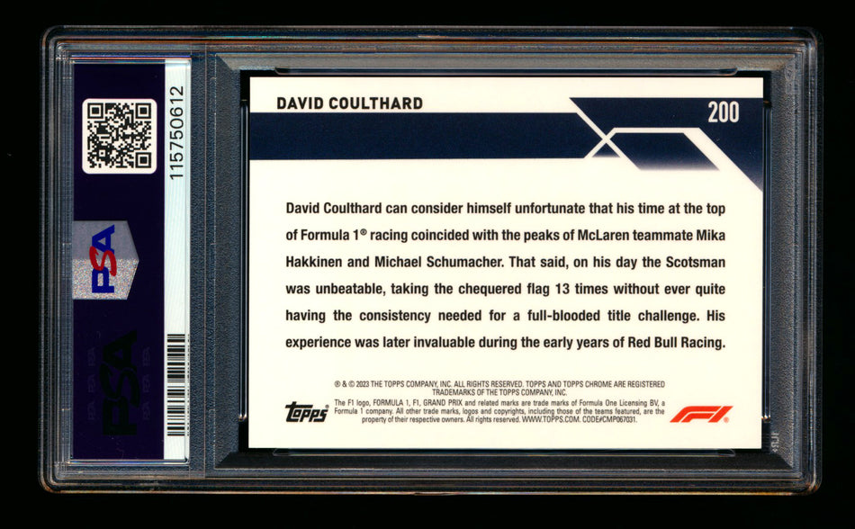 2023 Topps Chrome F1 #200 David Coulthard 1ST Year Red Checker Flag Refractor #3/5 PSA 10 - POP 1! ** (SOLD eBay - $249.00 - 8/2/2025) **