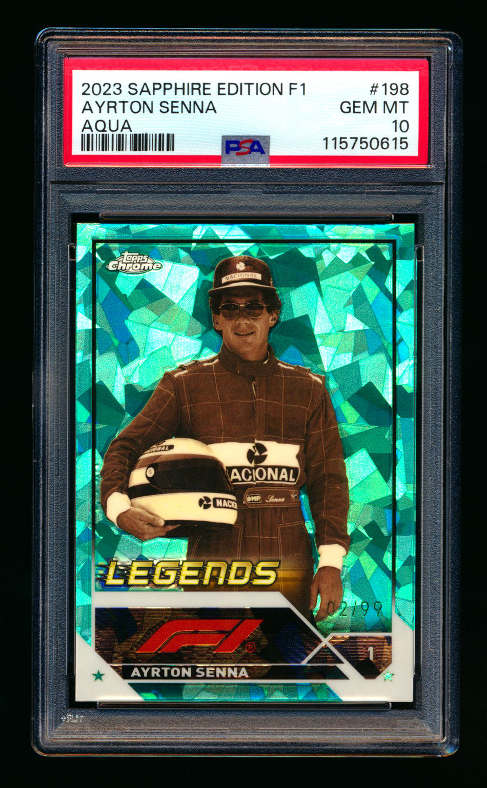 2023 Topps Chrome Sapphire F1 #198 Ayrton Senna 1ST Year Aqua Refractor #02/99 PSA 10 ** (SOLD eBay - $129.00 - 8/13/2025) **