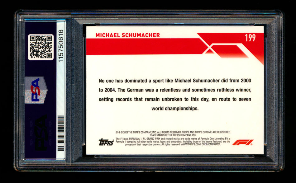 2023 Topps Chrome Sapphire F1 #199 Michael Schumacher 1ST Year Aqua Refractor #27/99 PSA 10