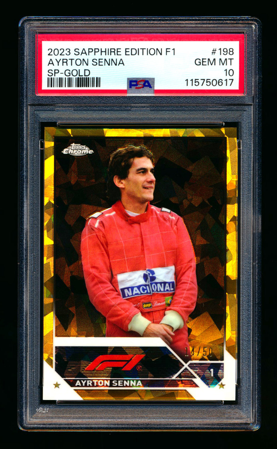 2023 Topps Chrome Sapphire F1 #198 Ayrton Senna 1ST Year Gold Refractor Image Variation SP #14/50 PSA 10 ** (SOLD - $199.00 - 7/25/2025) **