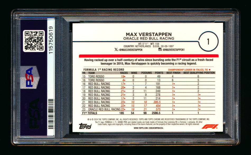 2024 Topps Chrome F1 #1 Max Verstappen Gold Refractor Portrait #02/50 PSA 10