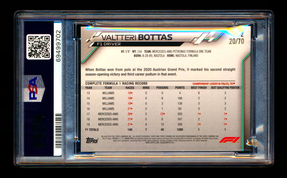 2020 Topps Chrome Sapphire F1 #2 Valtteri Bottas RC 70th Silver Refractor Portrait #20/70 PSA 8 ** (SOLD - $150.00 - 8/22/2025) **