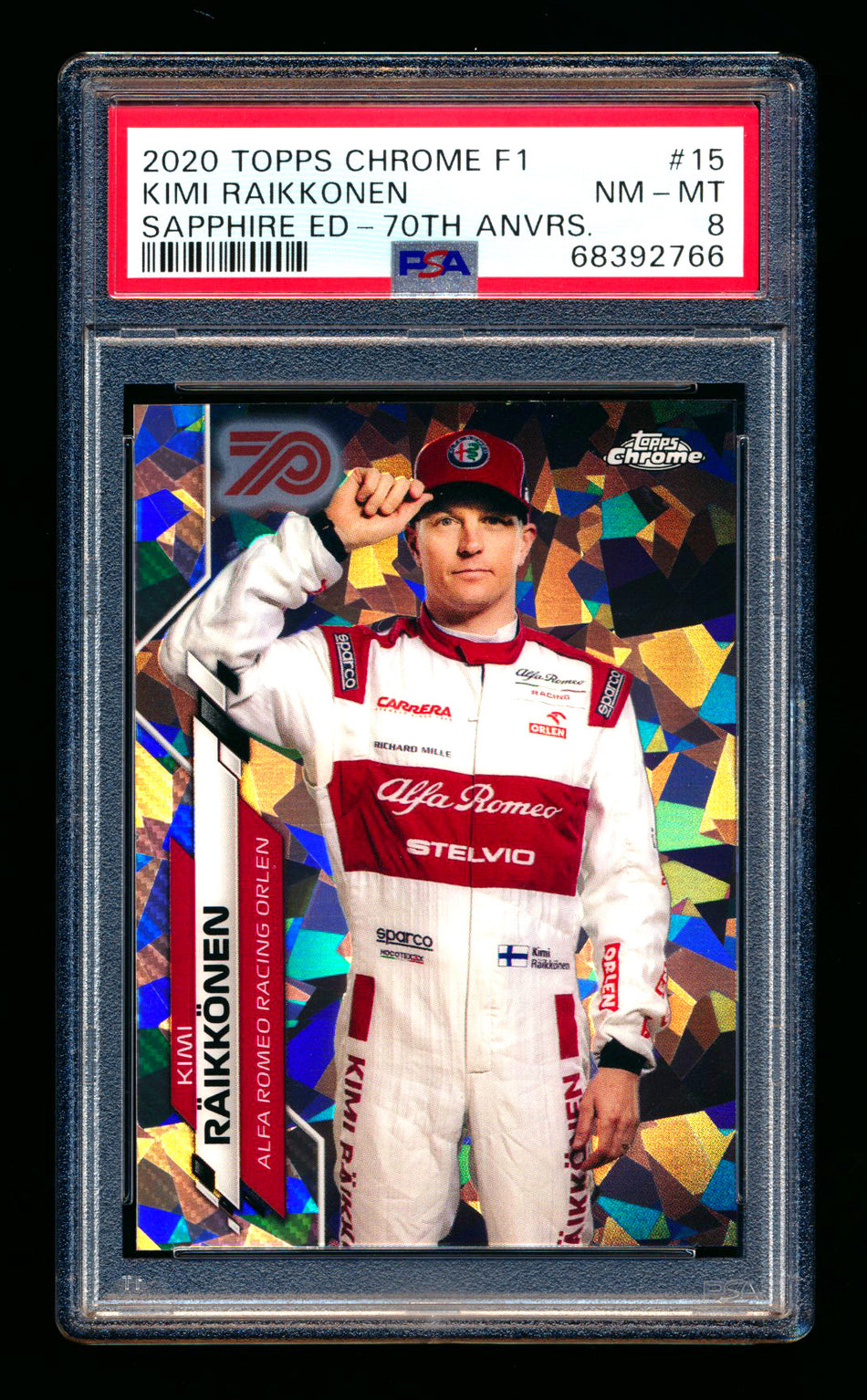 2020 Topps Chrome Sapphire F1 #15 Kimi Raikkonen RC 70th Silver Refractor Portrait #36/70 PSA 8