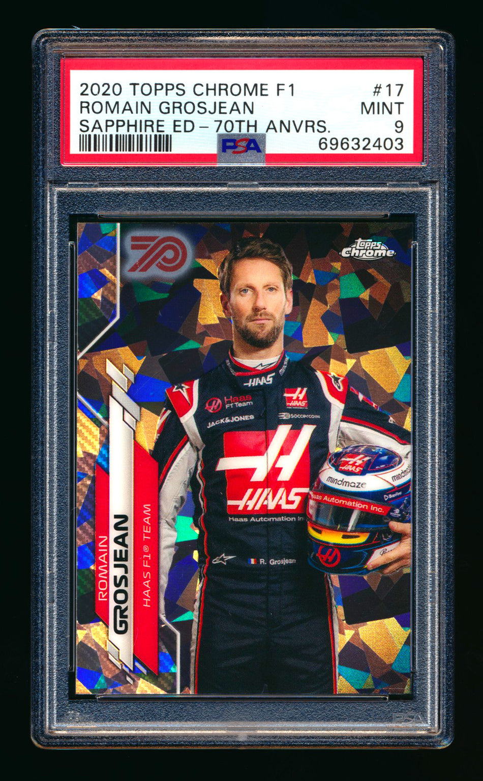 2020 Topps Chrome Sapphire F1 #17 Romain Grosjean RC 70th Silver Refractor Portrait #28/70 PSA 9