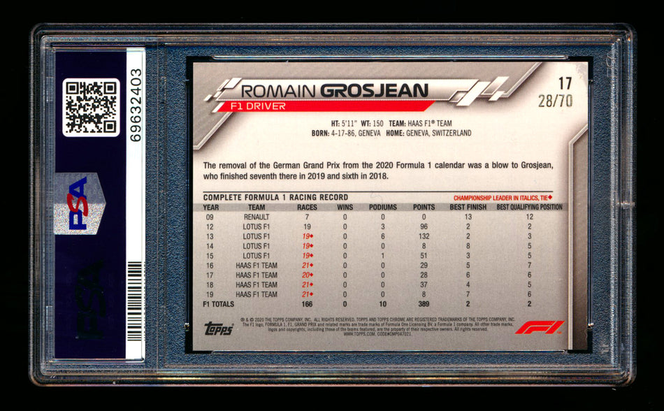 2020 Topps Chrome Sapphire F1 #17 Romain Grosjean RC 70th Silver Refractor Portrait #28/70 PSA 9