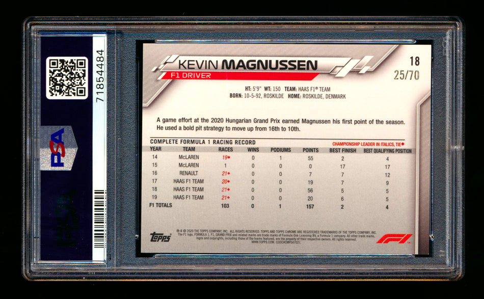 2020 Topps Chrome Sapphire F1 #18 Kevin Magnussen RC 70th Silver Refractor Portrait #25/70 PSA 9