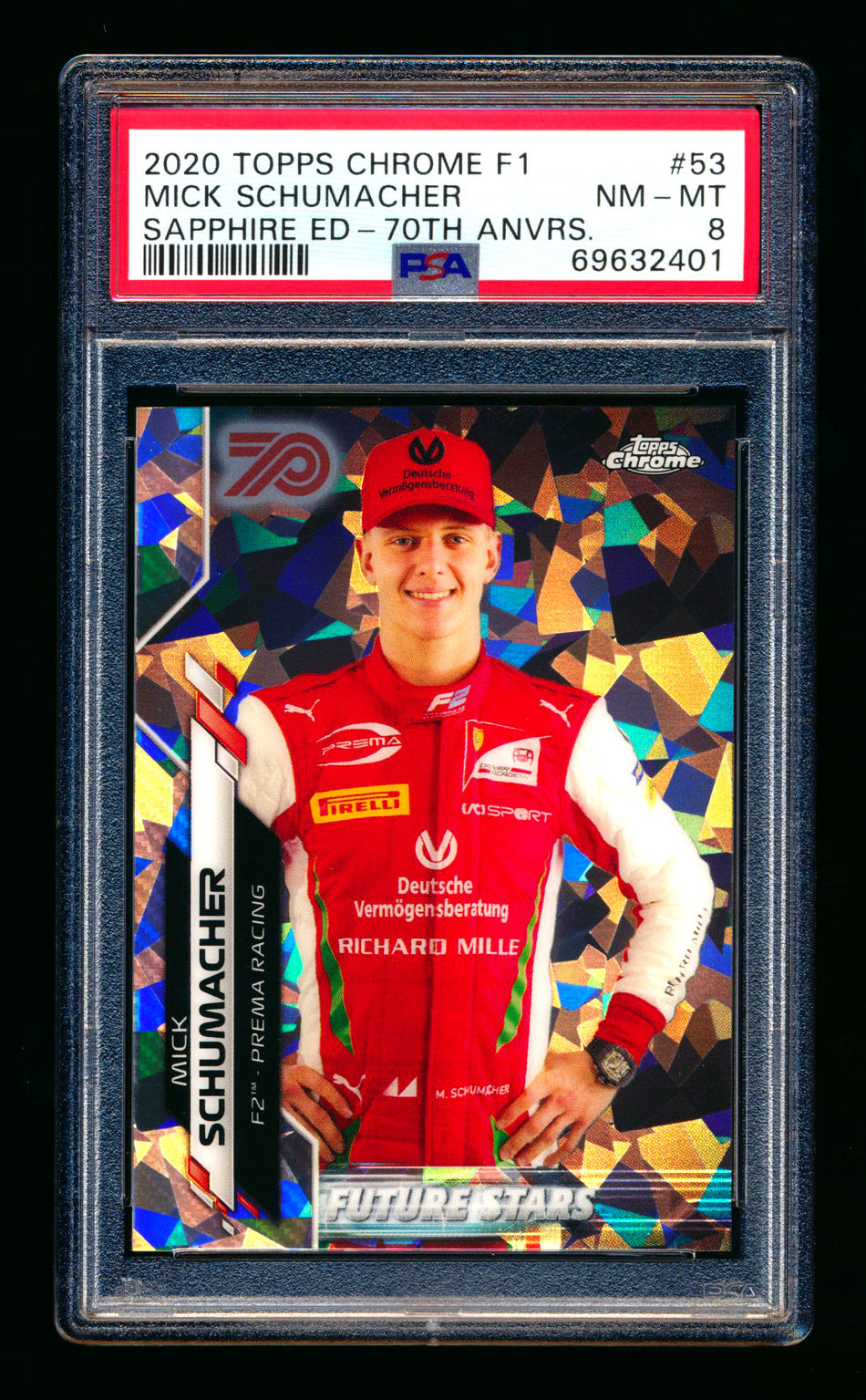 2020 Topps Chrome Sapphire F1 #53 Mick Schumacher RC 70th Silver Refractor #22/70 PSA 8