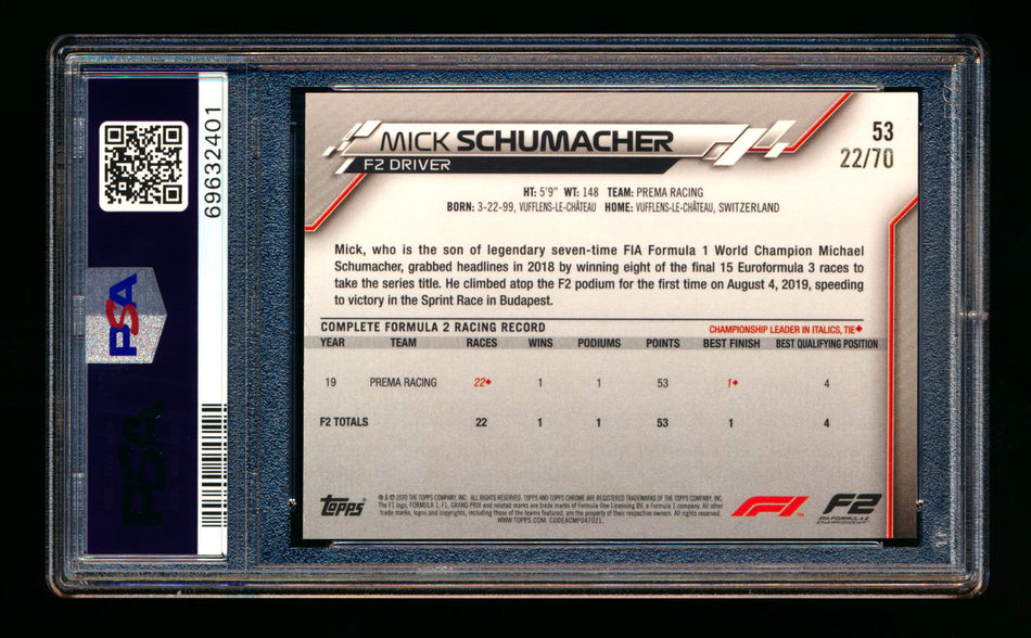 2020 Topps Chrome Sapphire F1 #53 Mick Schumacher RC 70th Silver Refractor #22/70 PSA 8
